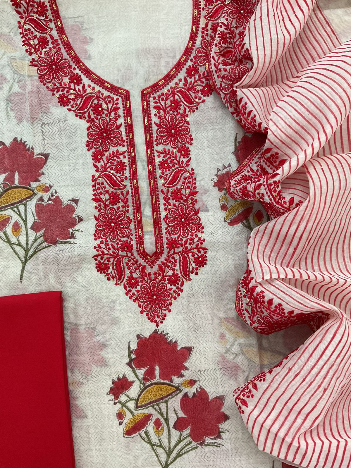 Pure Chanderi Printed Embroidered Suit - Off White