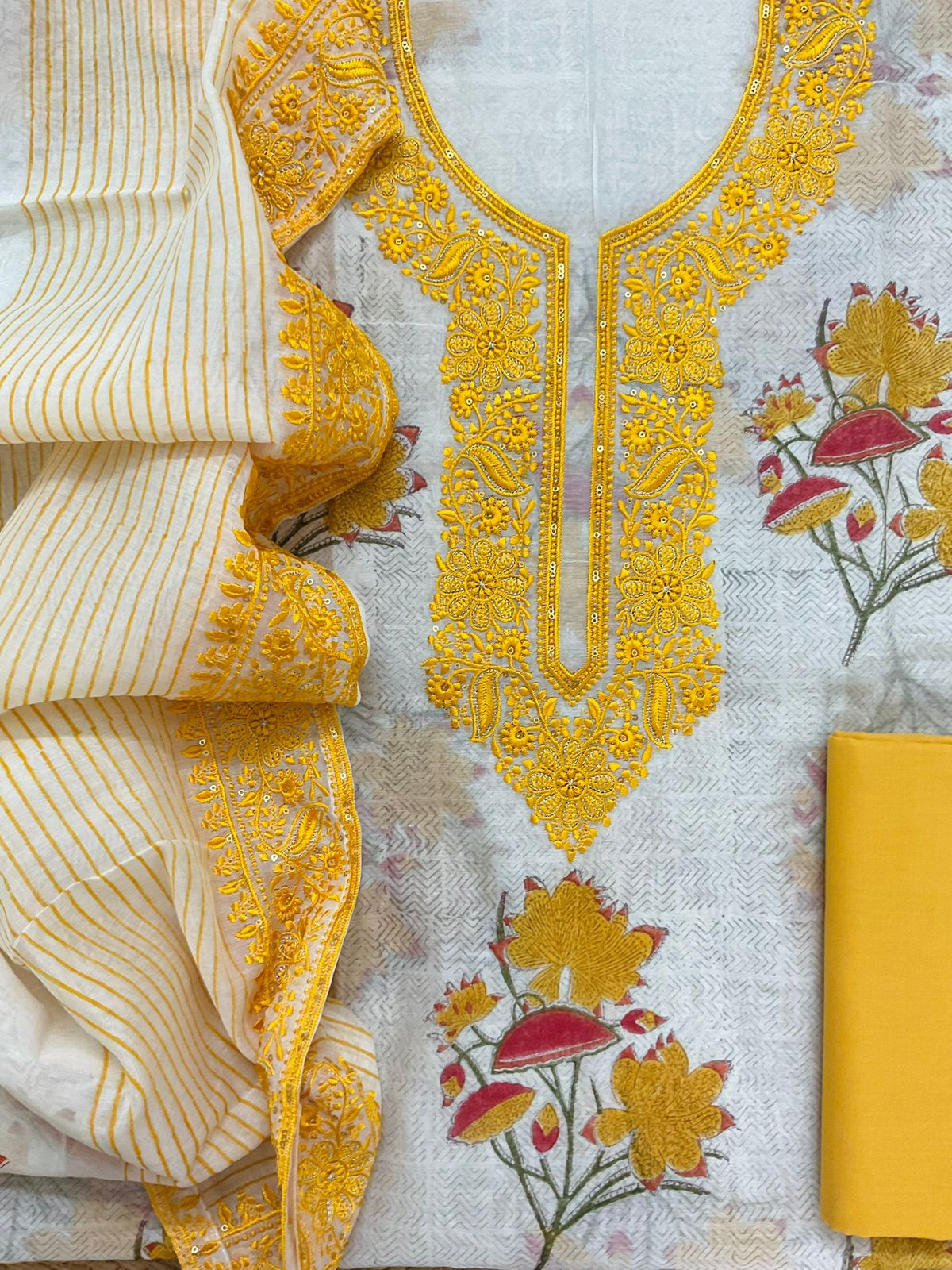 Pure Chanderi Printed Embroidered Suit - Off White