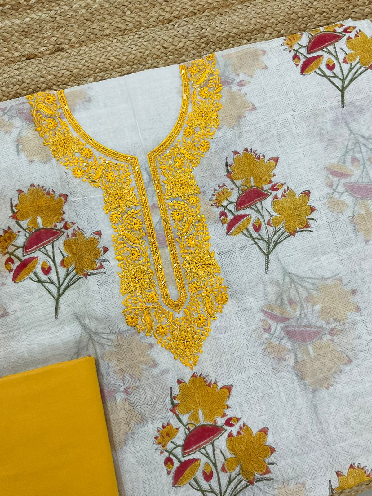 Pure Chanderi Printed Embroidered Suit - Off White