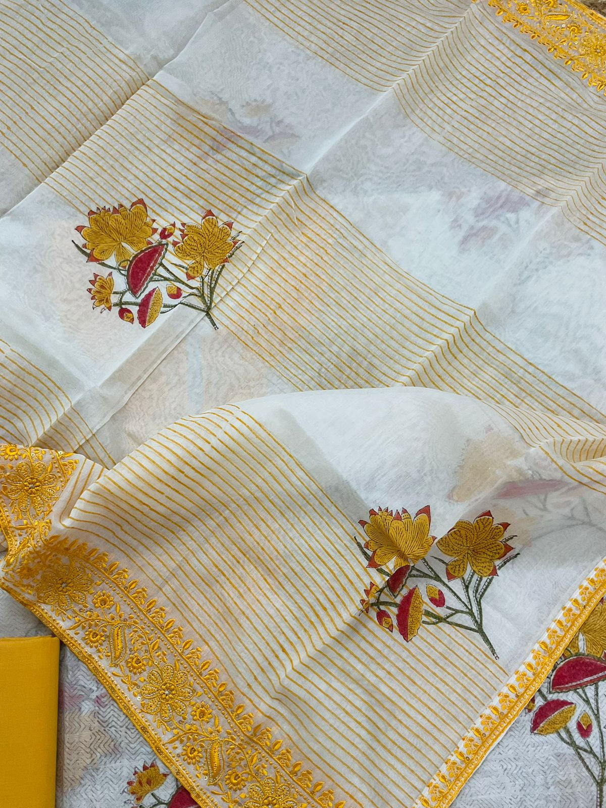 Pure Chanderi Printed Embroidered Suit - Off White