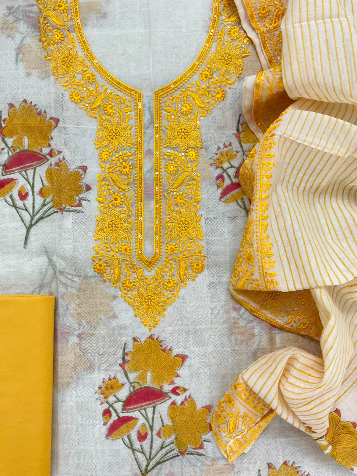 Pure Chanderi Printed Embroidered Suit - Off White