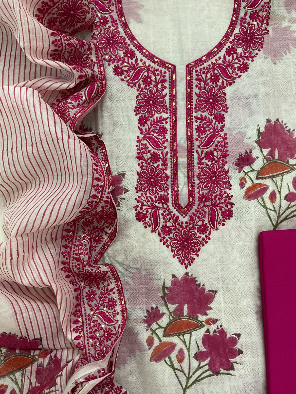 Pure Chanderi Printed Embroidered Suit - Off White