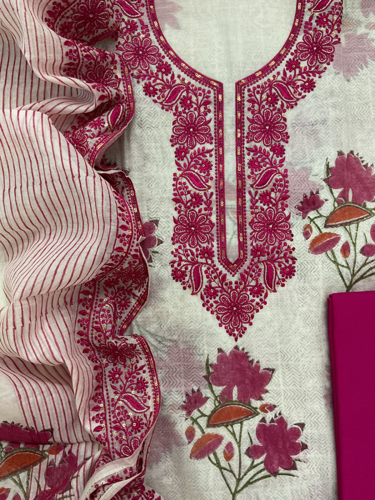 Image of Pure Chanderi Printed Embroidered Suit - Off White