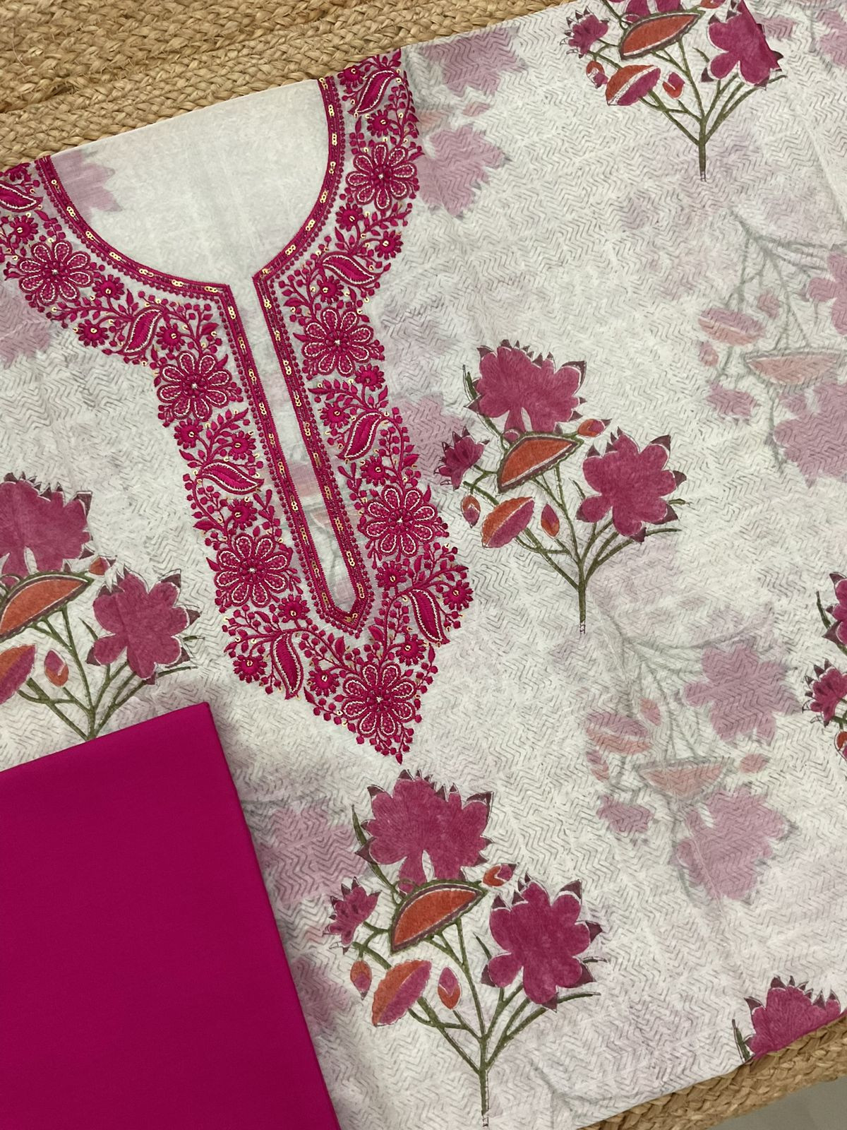 Pure Chanderi Printed Embroidered Suit - Off White