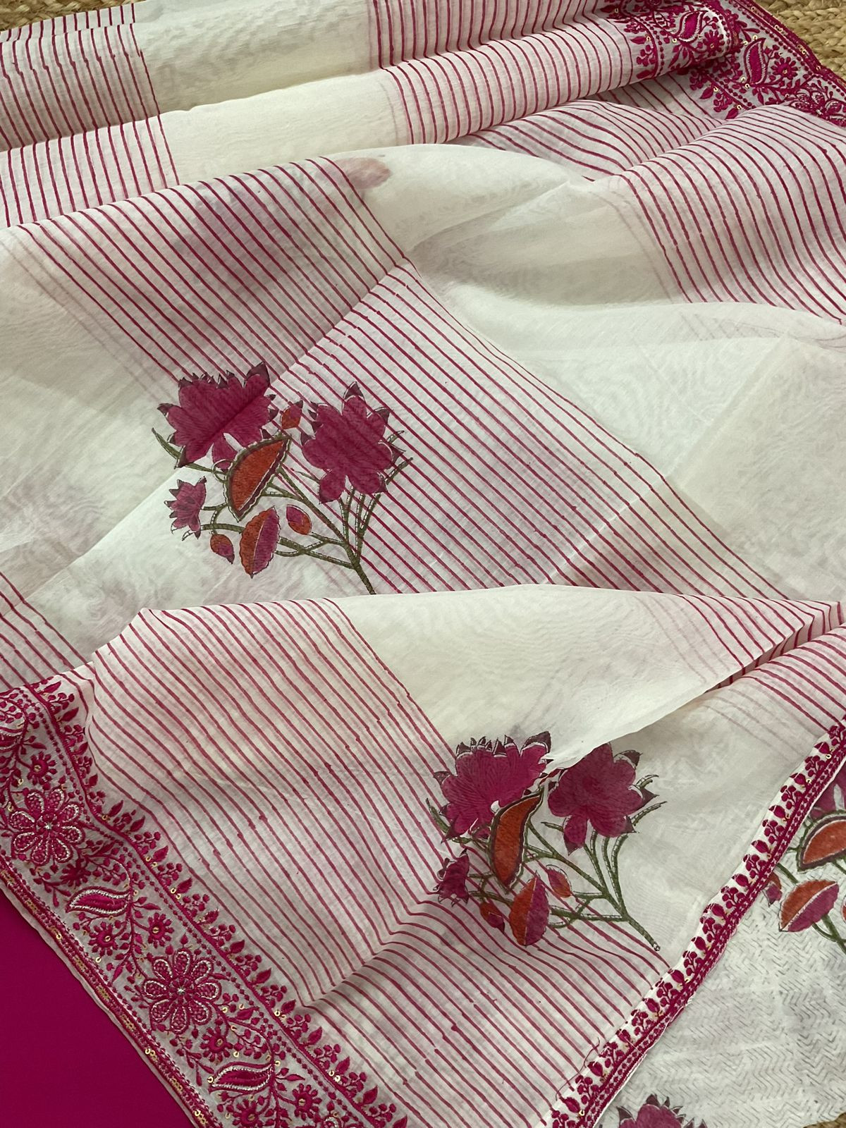 Pure Chanderi Printed Embroidered Suit - Off White