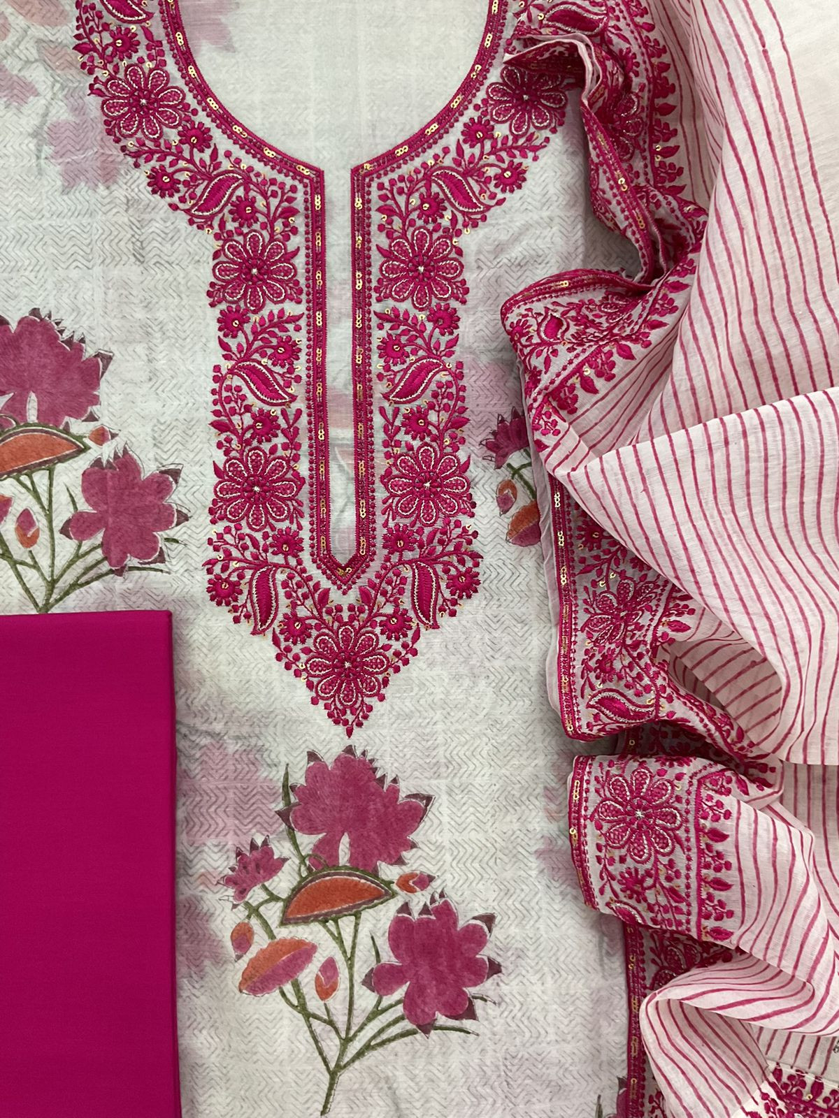 Pure Chanderi Printed Embroidered Suit - Off White