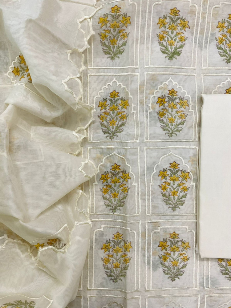 Image of Pure Chanderi Embroidered Suit - Off White