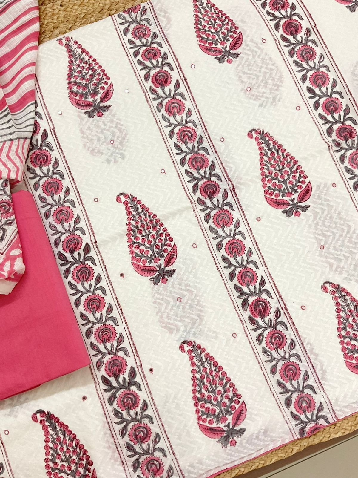 Pure Cotton Printed Embroidered Suit - Off White