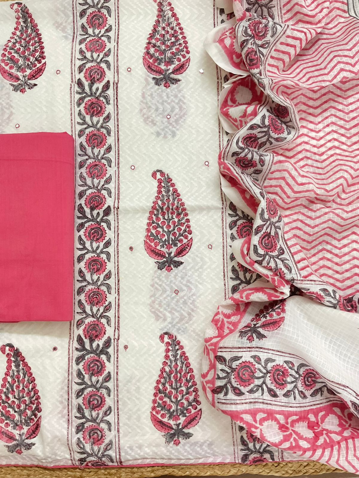 Pure Cotton Printed Embroidered Suit - Off White