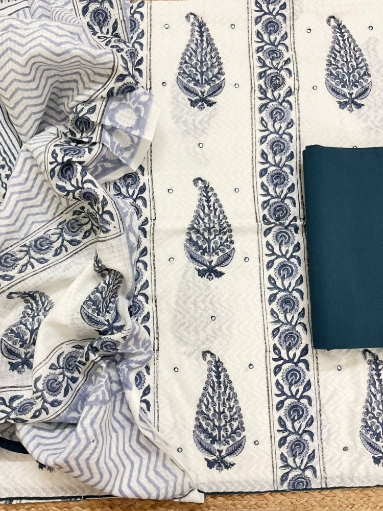 Image of Pure Cotton Printed Embroidered Suit - Off White
