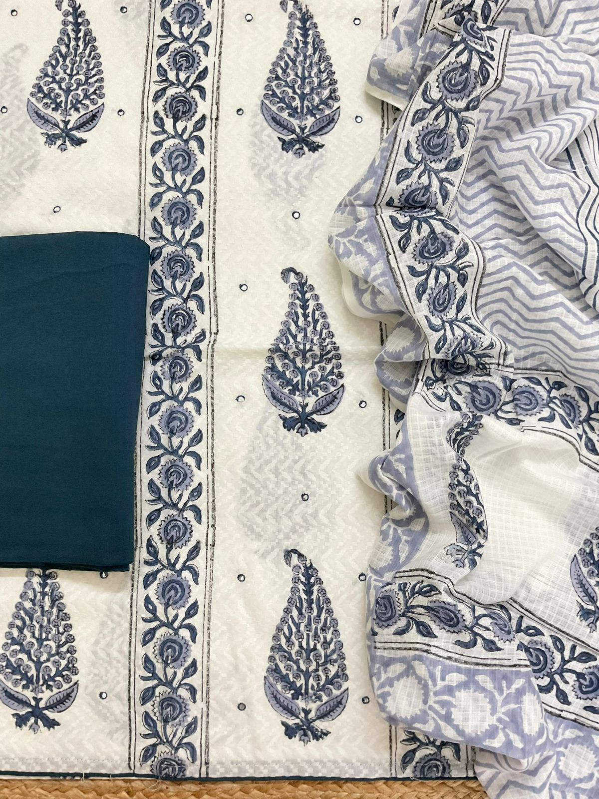 Pure Cotton Printed Embroidered Suit - Off White