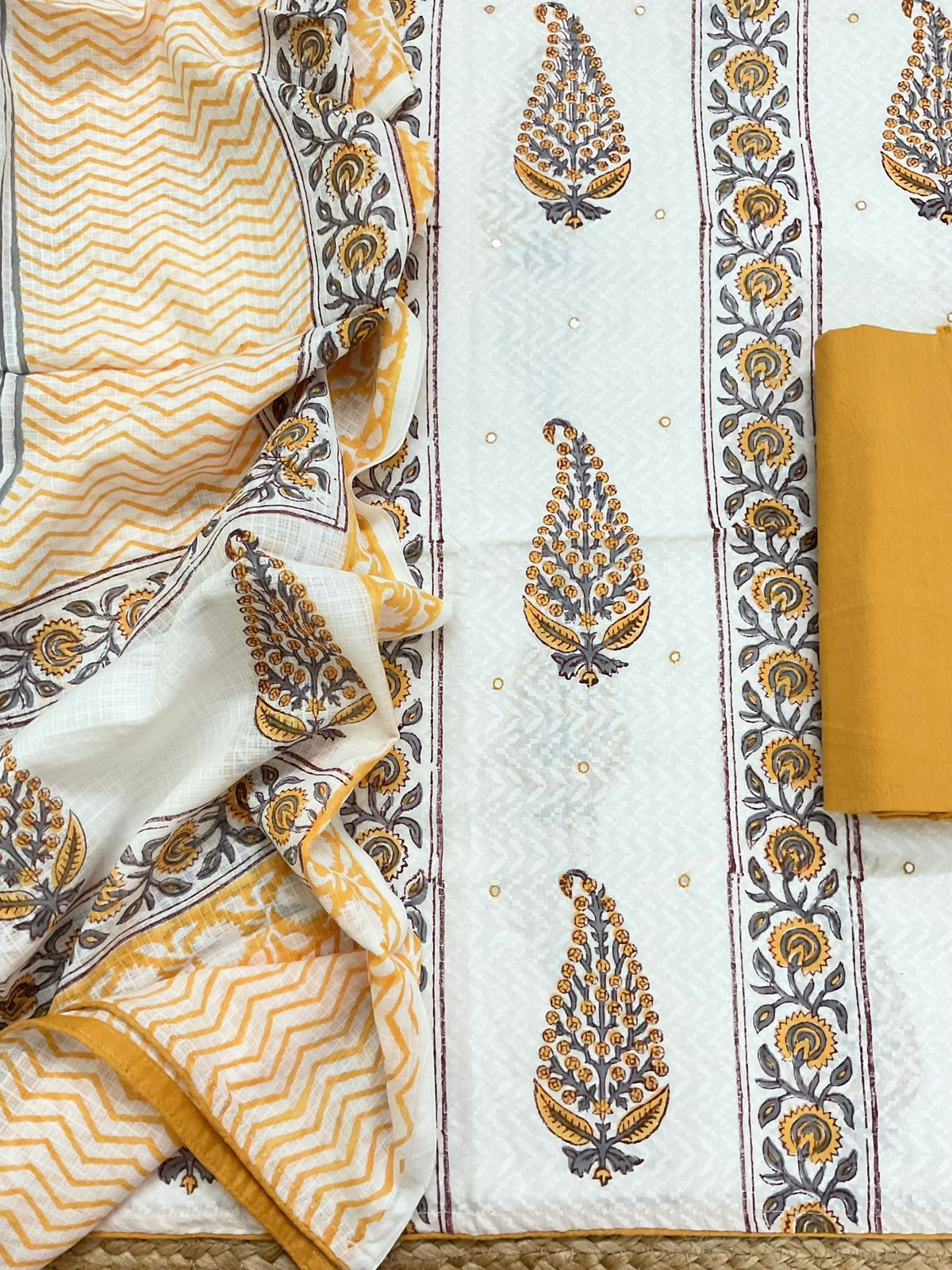 Pure Cotton Printed Embroidered Suit - Off White