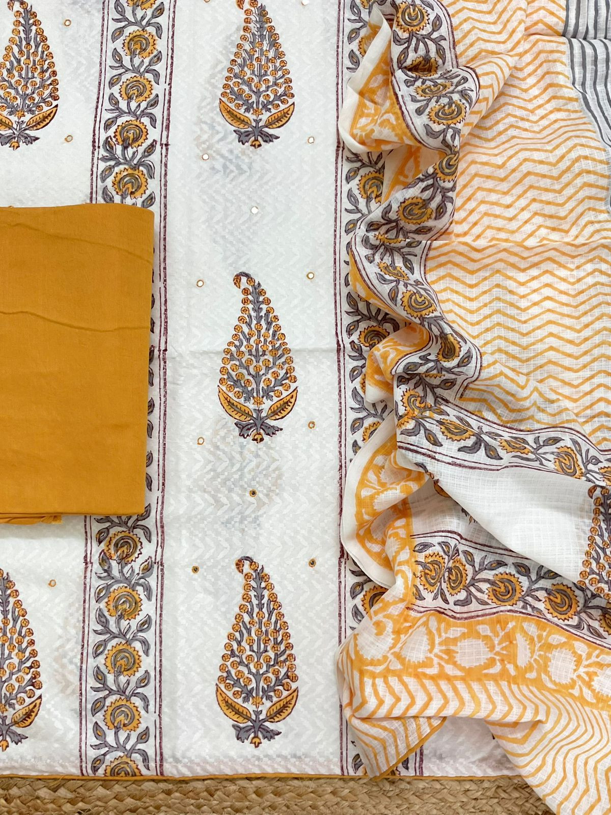 Pure Cotton Printed Embroidered Suit - Off White