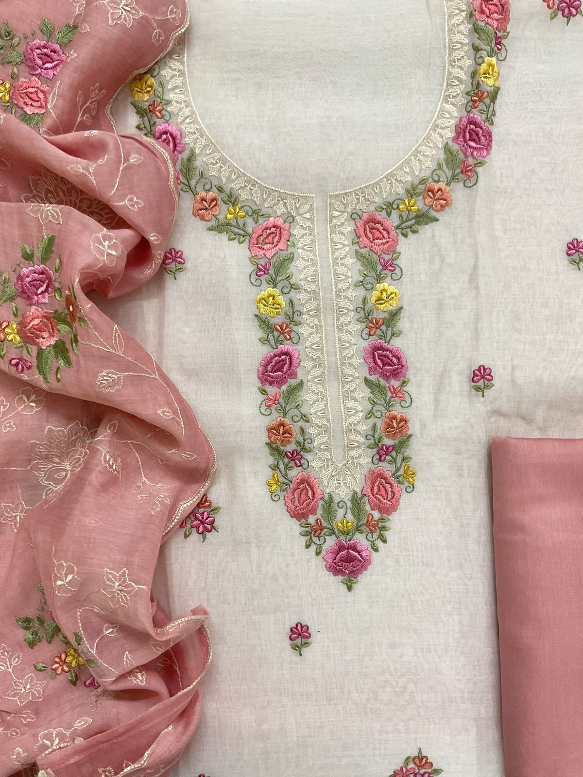 Pure Mul Chanderi Shaded Embroidered Suit - Off White