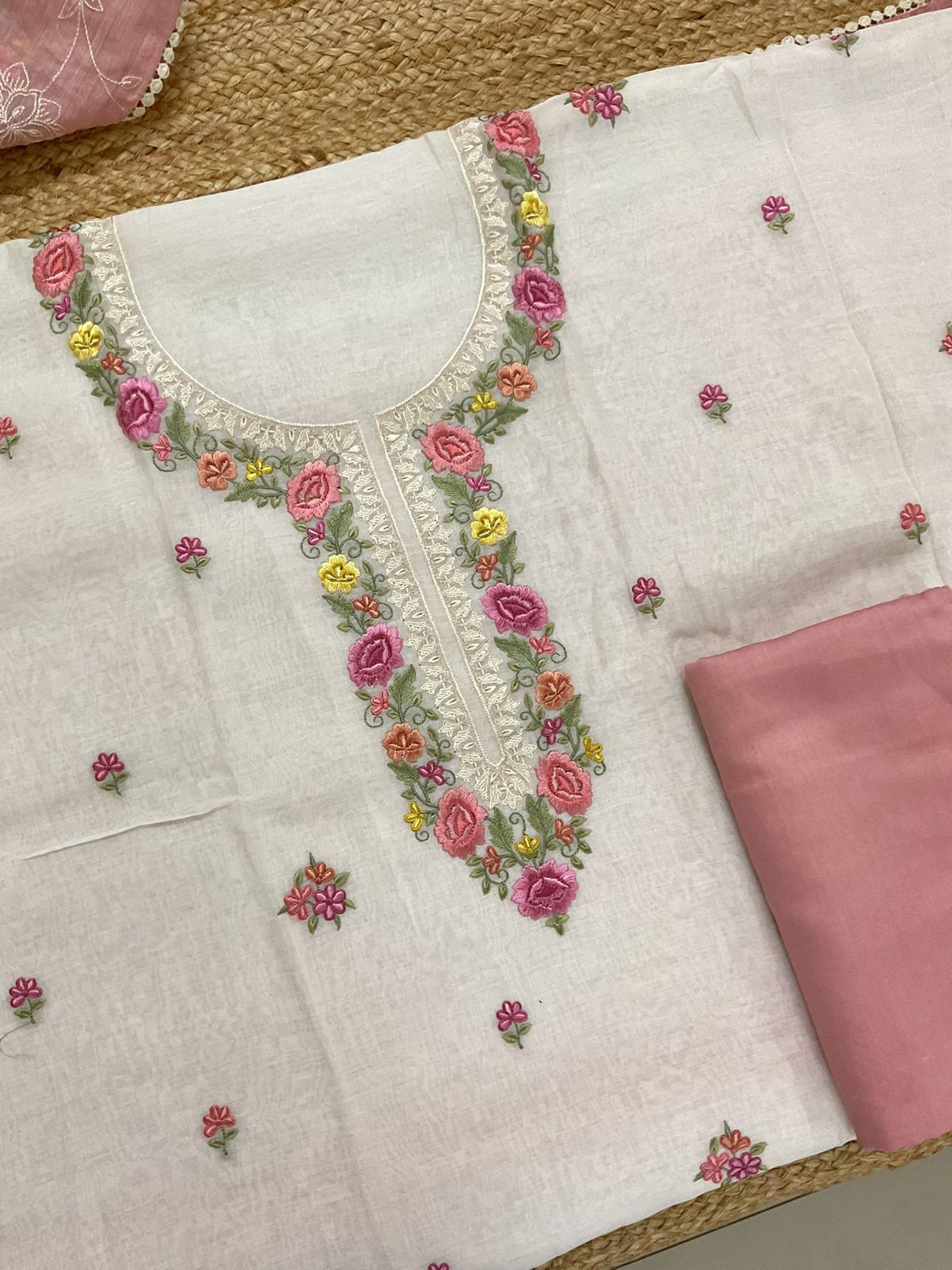 Pure Mul Chanderi Shaded Embroidered Suit - Off White