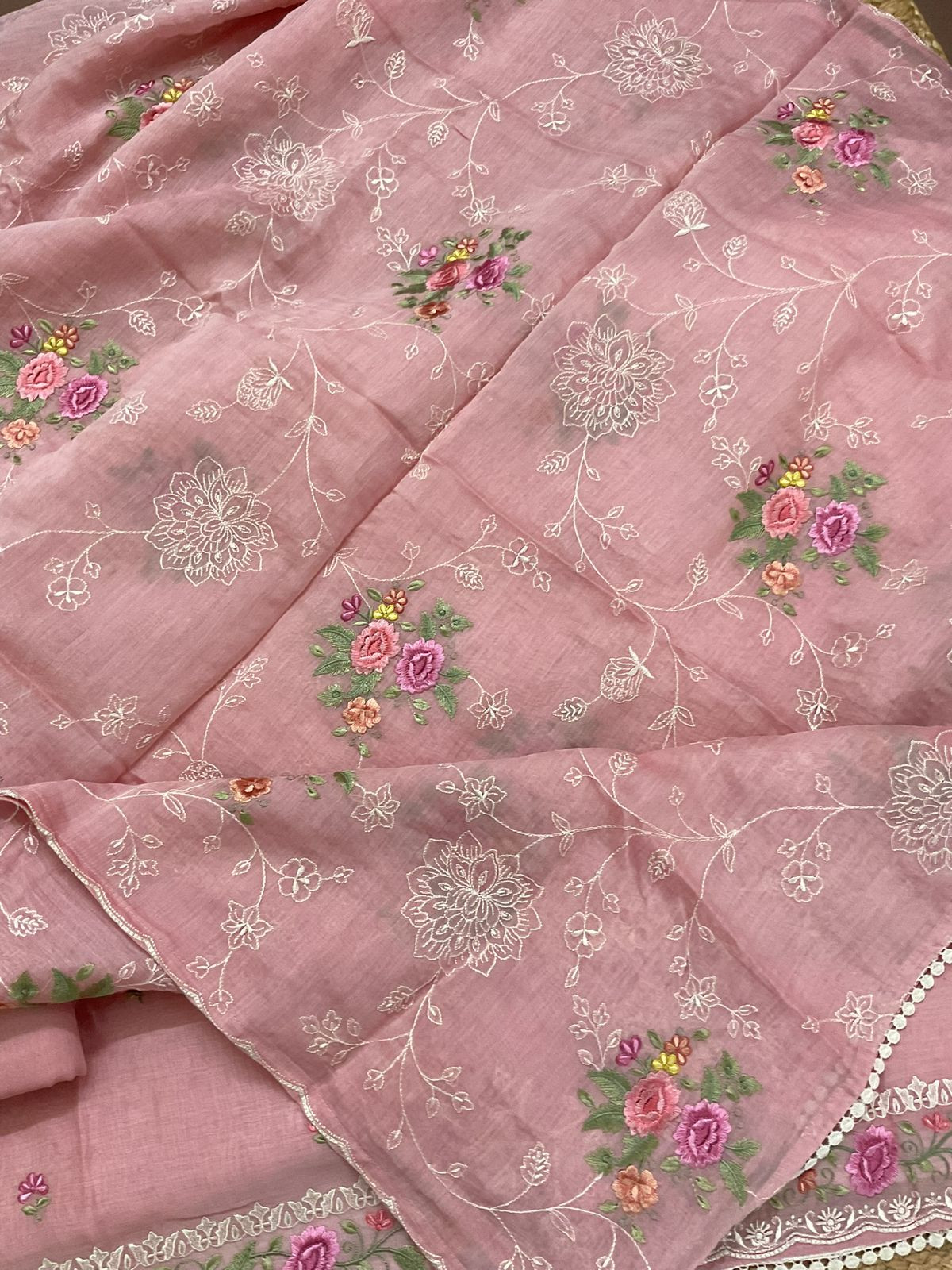 Pure Mul Chanderi Shaded Embroidered Suit - Off White