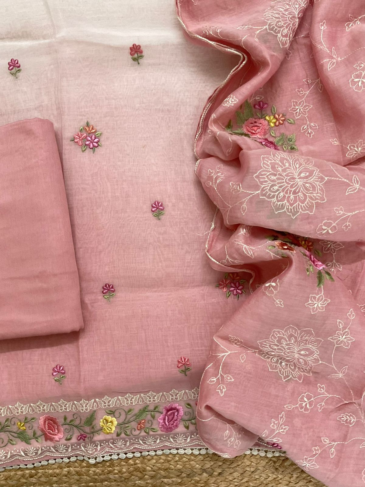 Pure Mul Chanderi Shaded Embroidered Suit - Off White