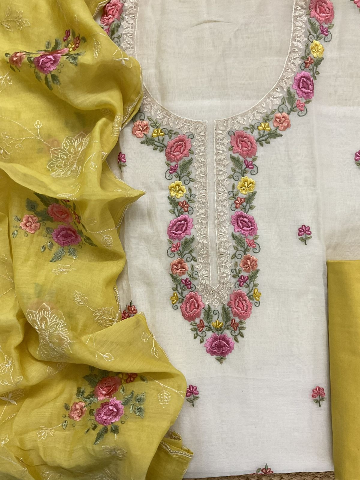 Pure Mul Chanderi Shaded Embroidered Suit - Off White
