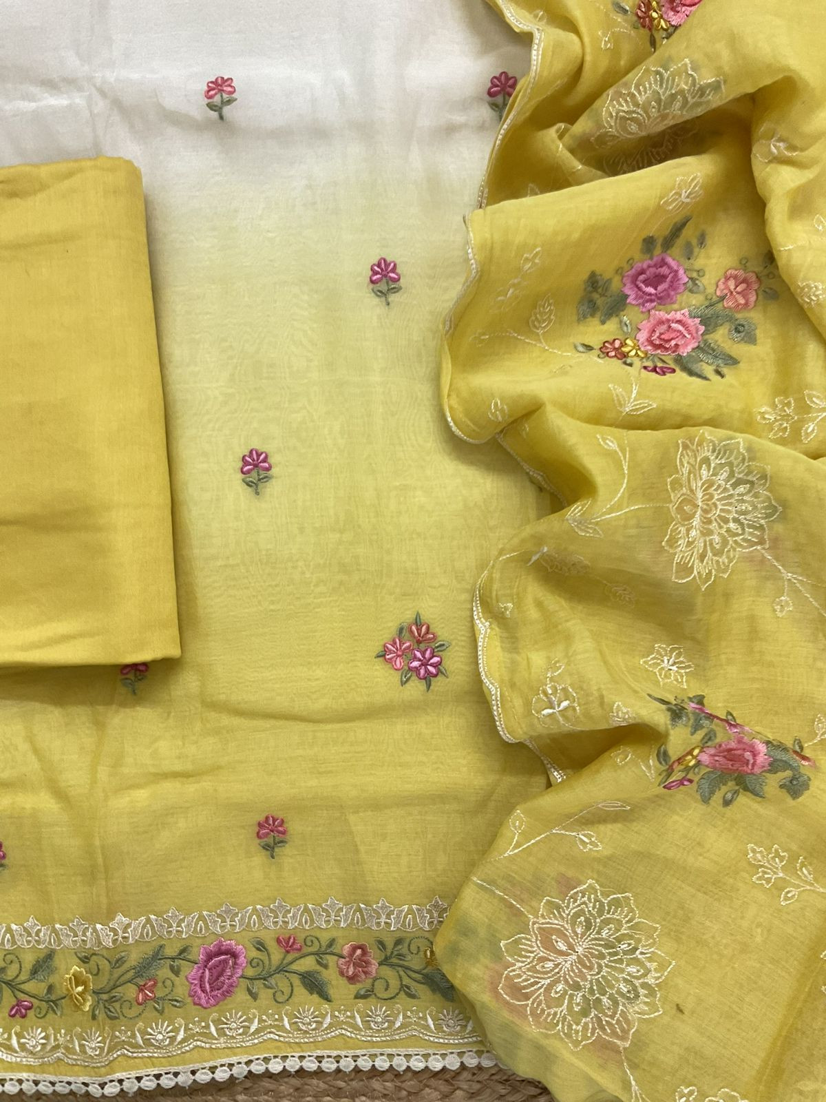 Pure Mul Chanderi Shaded Embroidered Suit - Off White