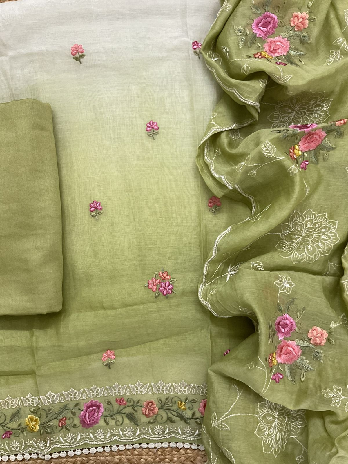 Pure Mul Chanderi Shaded Embroidered Suit - Off White