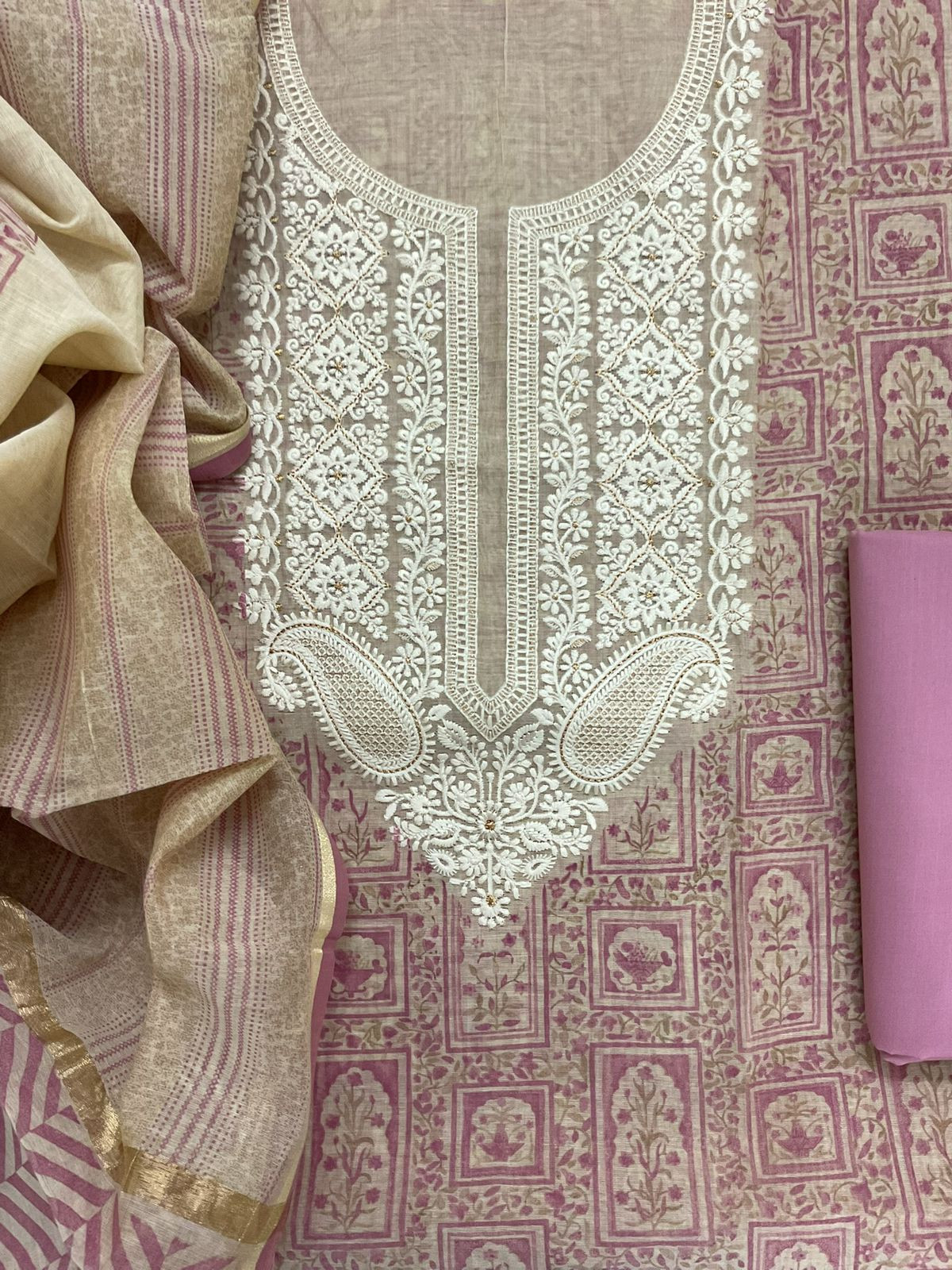Soft Slub Chanderi Printed Embroidered Suit - Beige