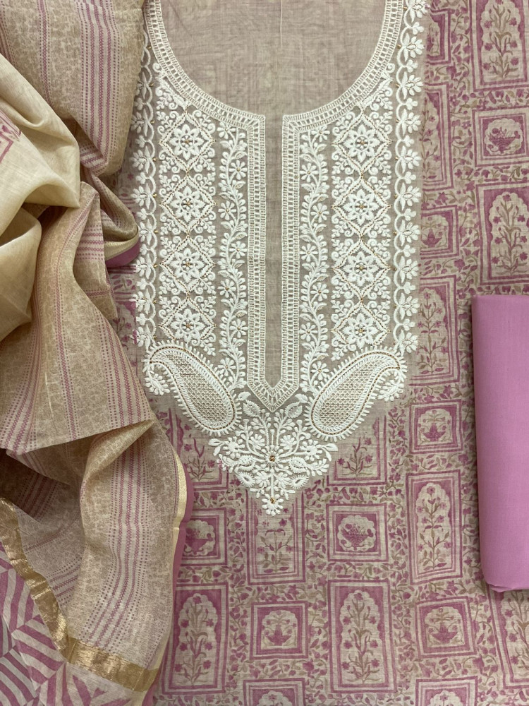 Image of Soft Slub Chanderi Printed Embroidered Suit - Beige