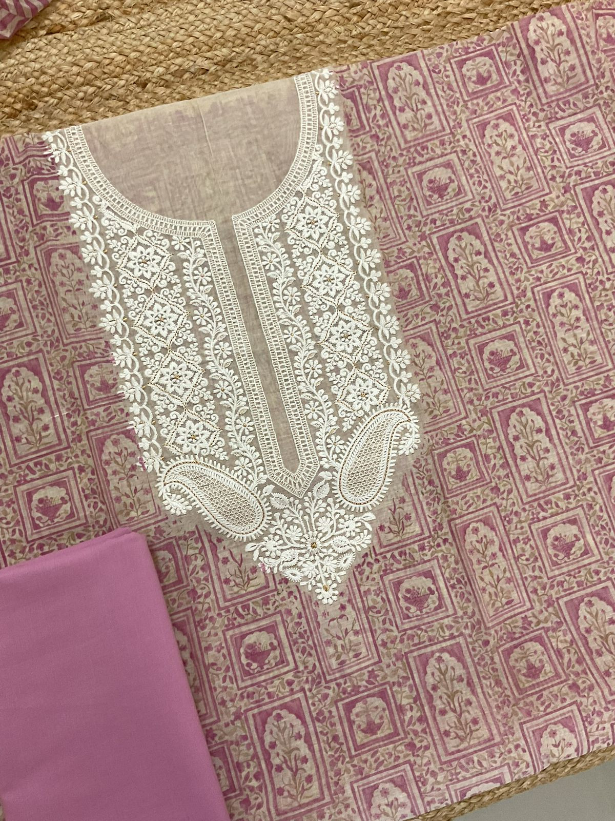 Soft Slub Chanderi Printed Embroidered Suit - Beige