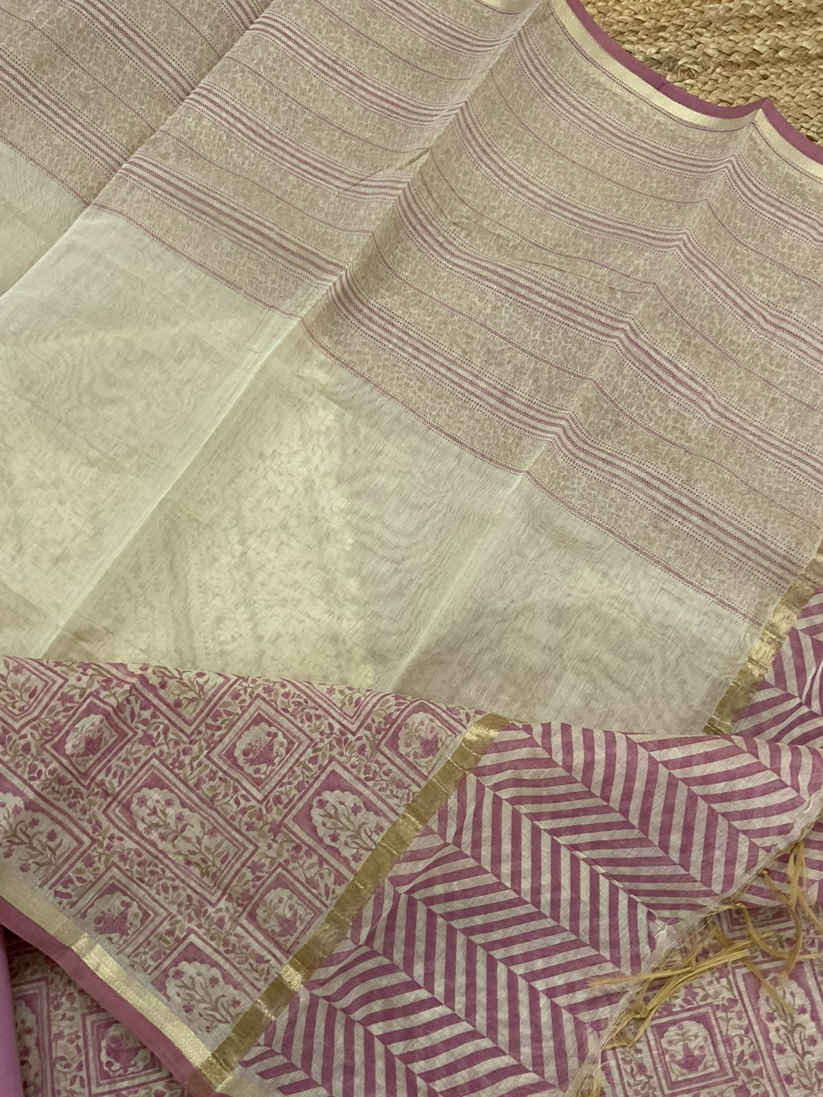 Soft Slub Chanderi Printed Embroidered Suit - Beige