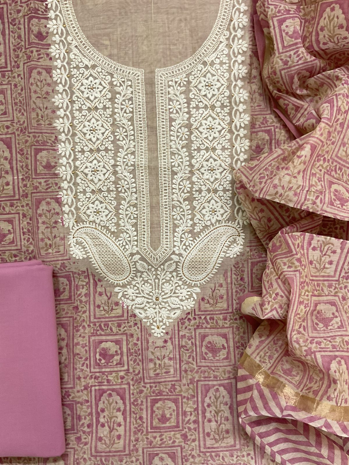 Soft Slub Chanderi Printed Embroidered Suit - Beige