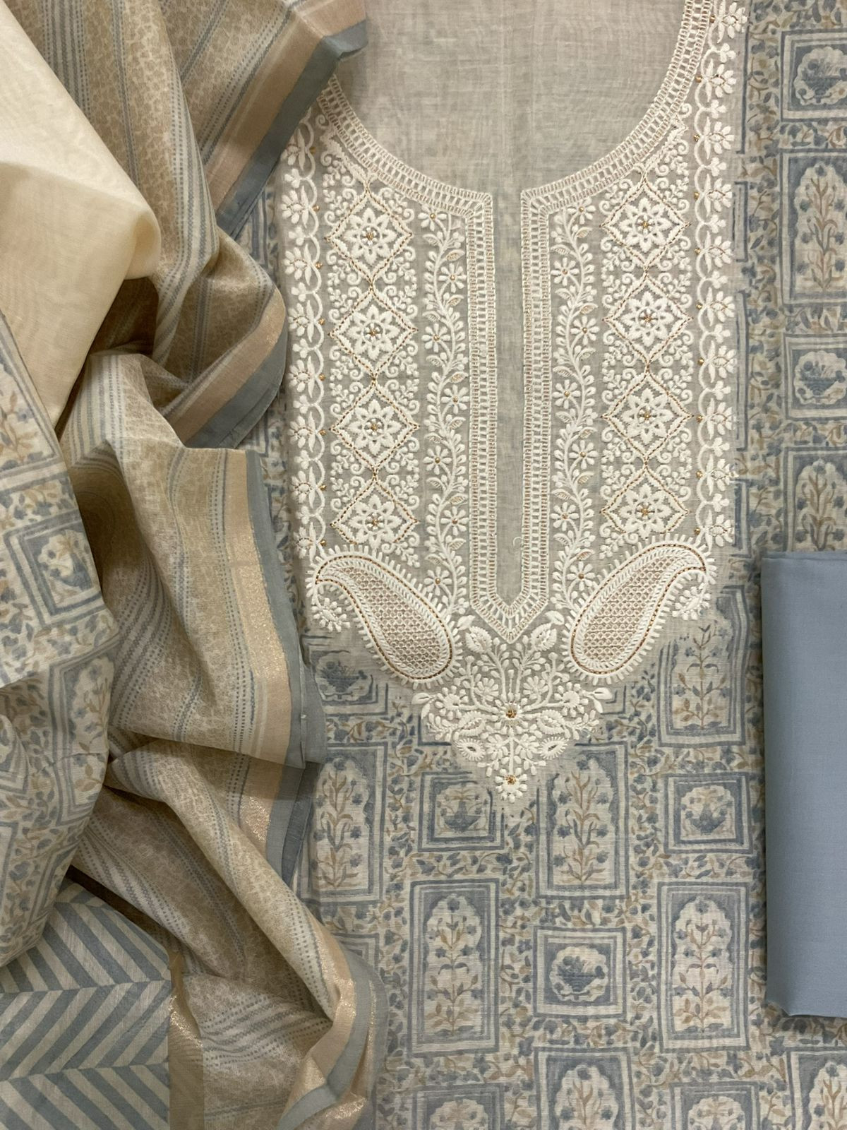 Soft Slub Chanderi Printed Embroidered Suit - Beige