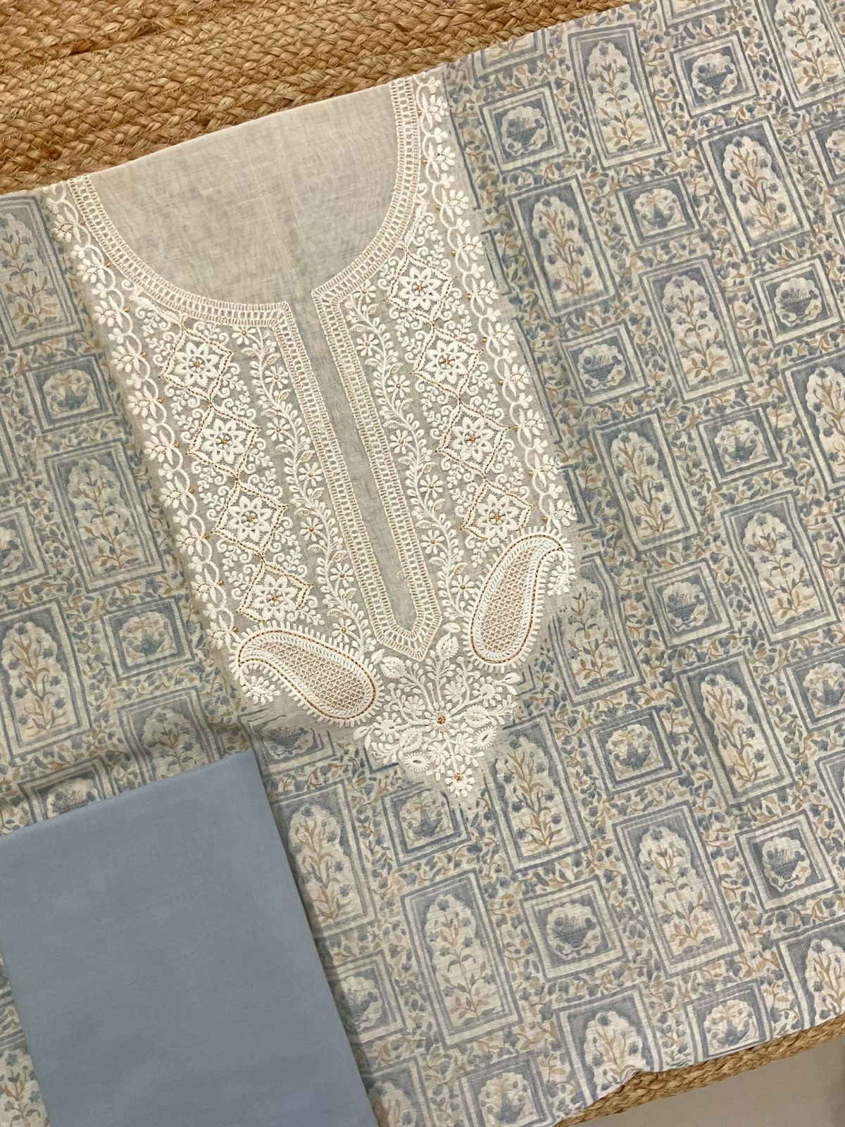 Soft Slub Chanderi Printed Embroidered Suit - Beige