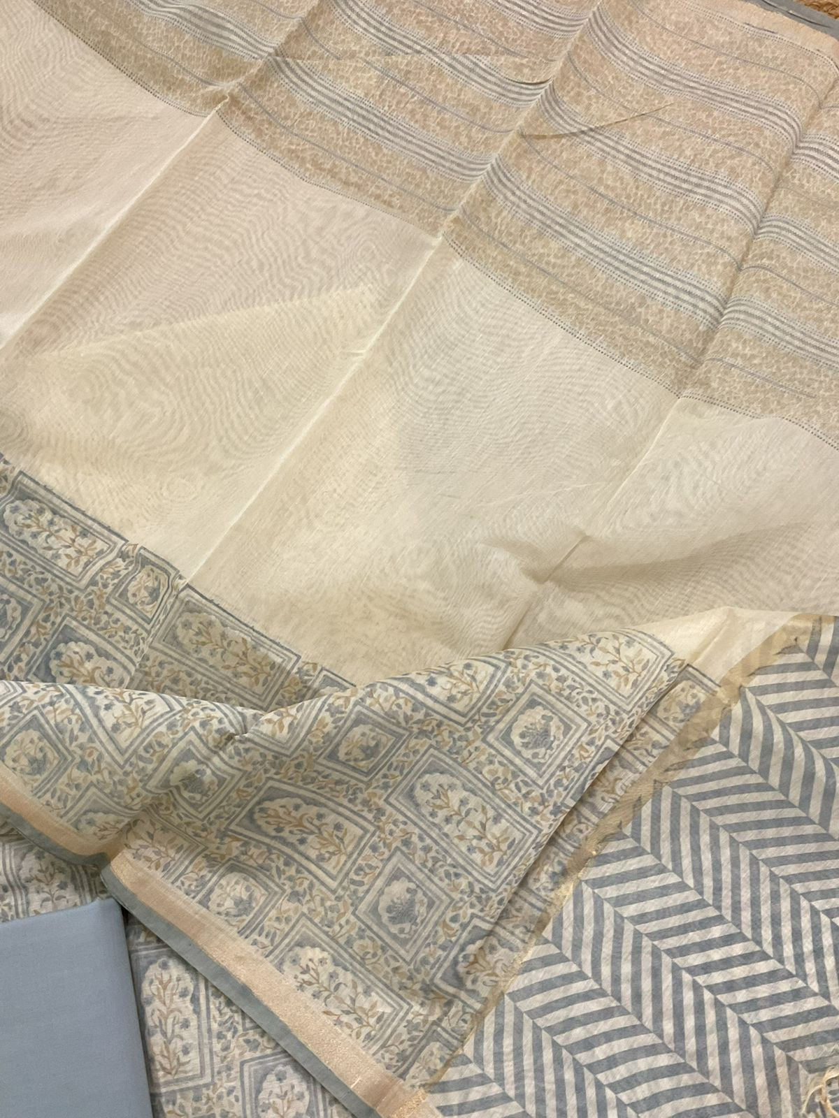 Soft Slub Chanderi Printed Embroidered Suit - Beige