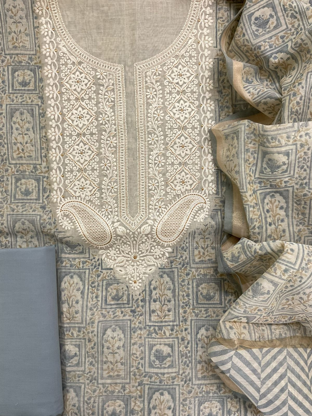 Soft Slub Chanderi Printed Embroidered Suit - Beige