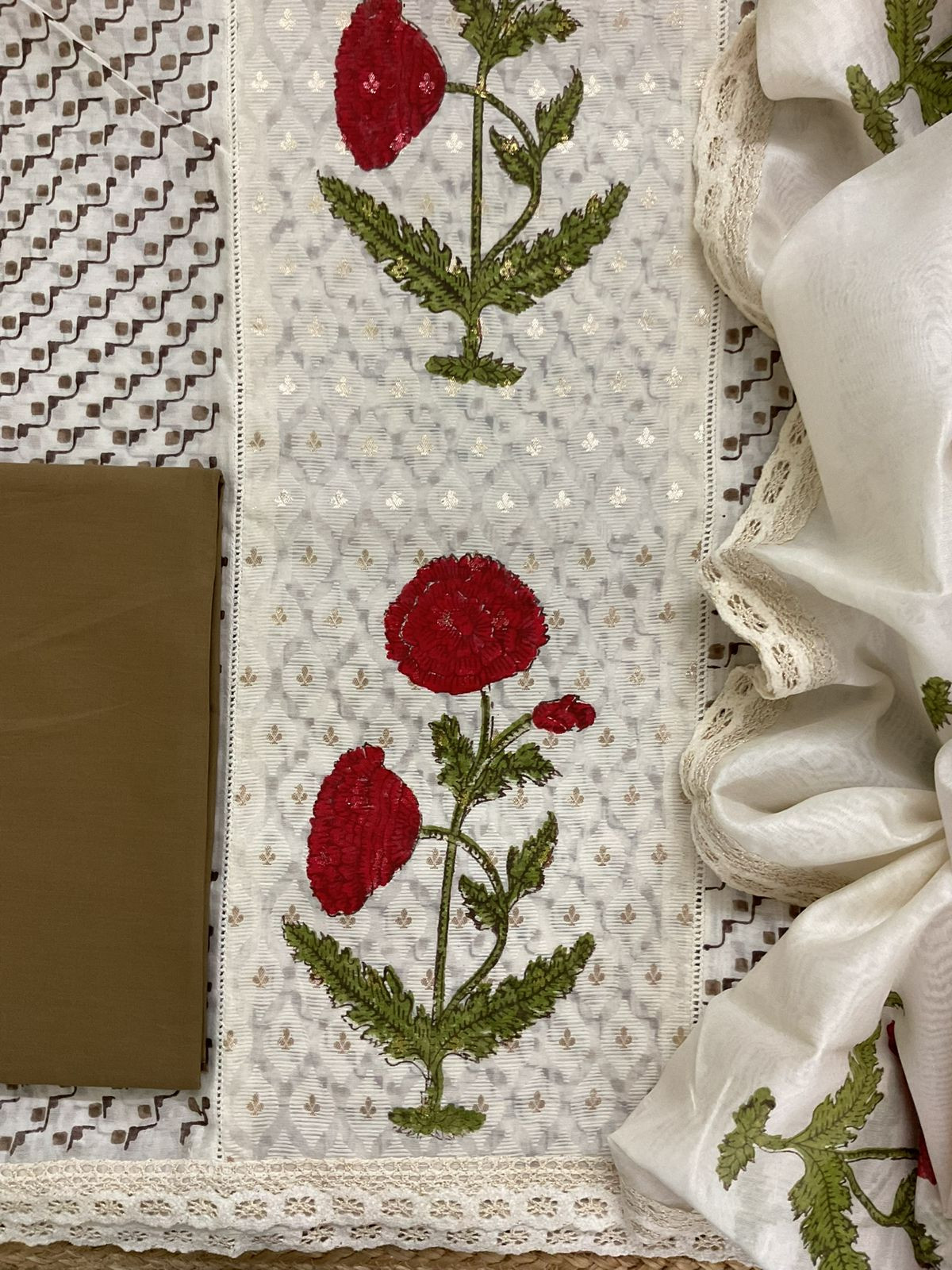 Pure Chanderi Printed Banarasi Weaved Embroidered Suit - Off White