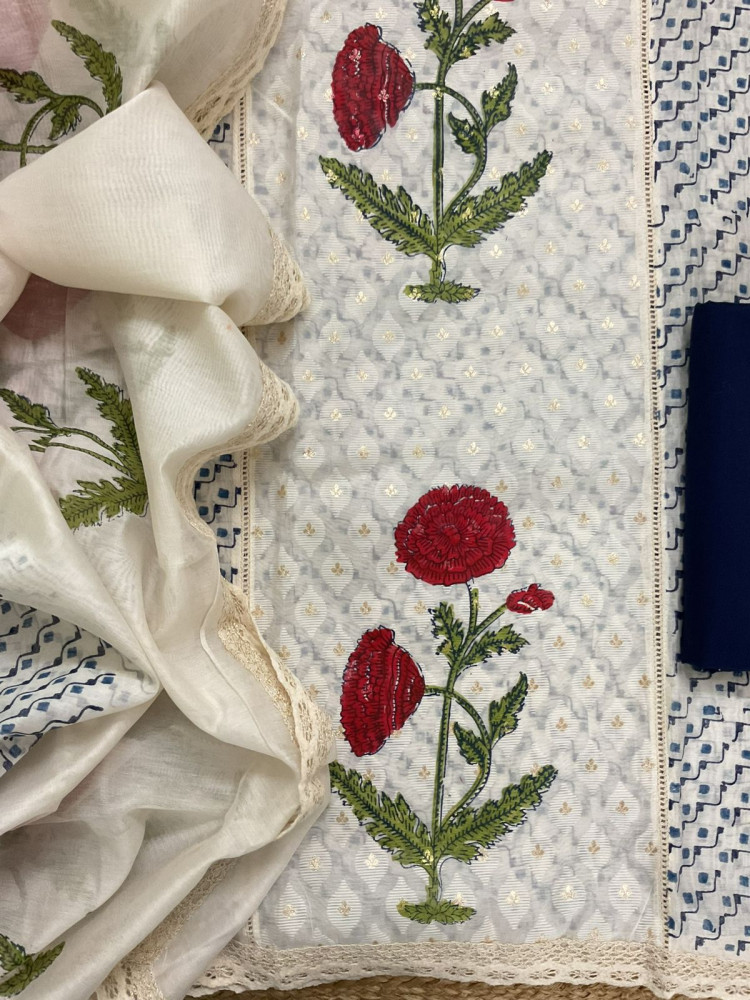 Image of Pure Chanderi Printed Banarasi Weaved Embroidered Suit - Off White
