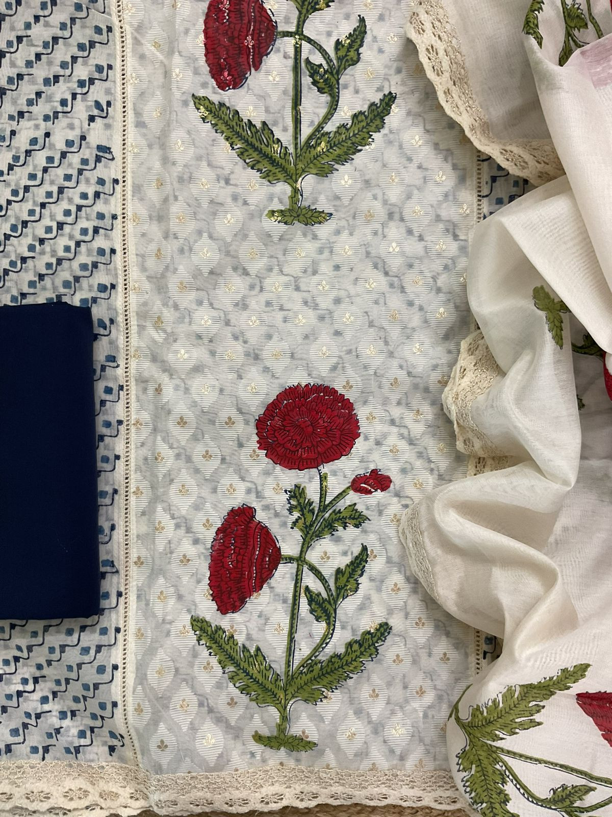 Pure Chanderi Printed Banarasi Weaved Embroidered Suit - Off White