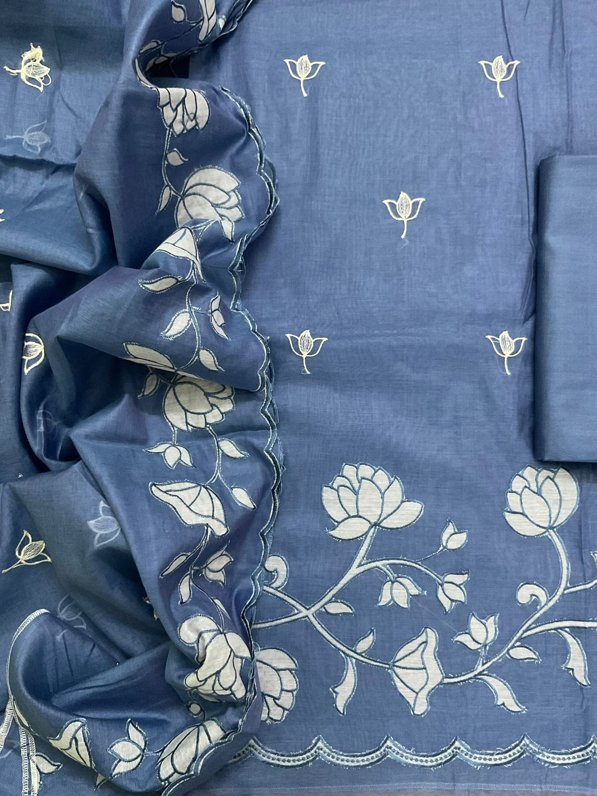 Pure Chanderi Embroidered Suit - Blue