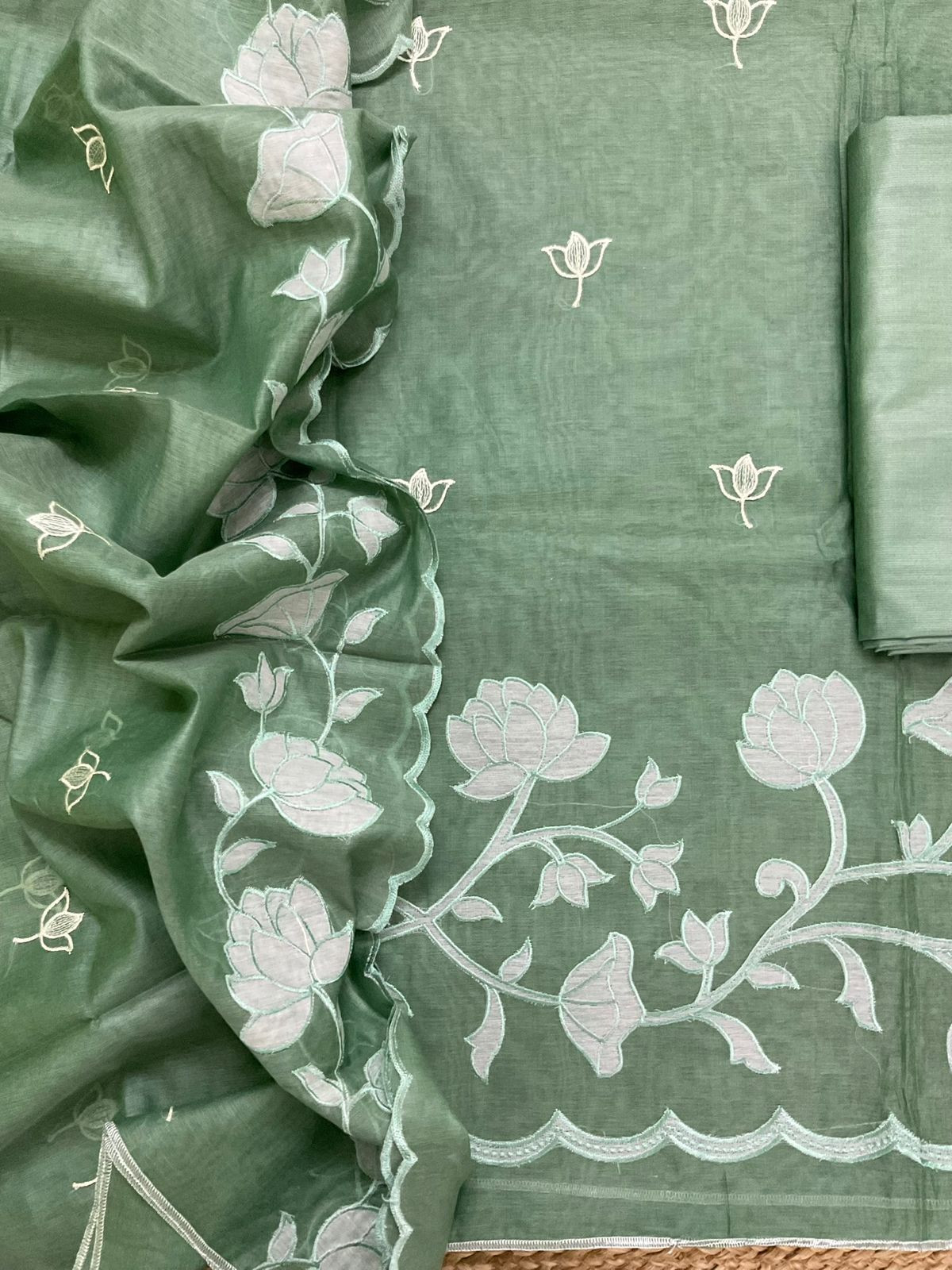 Pure Chanderi Embroidered Suit - Green