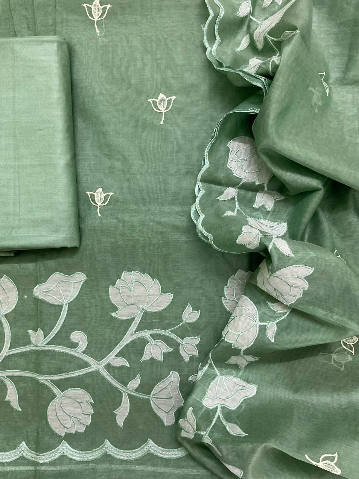 Pure Chanderi Embroidered Suit - Green