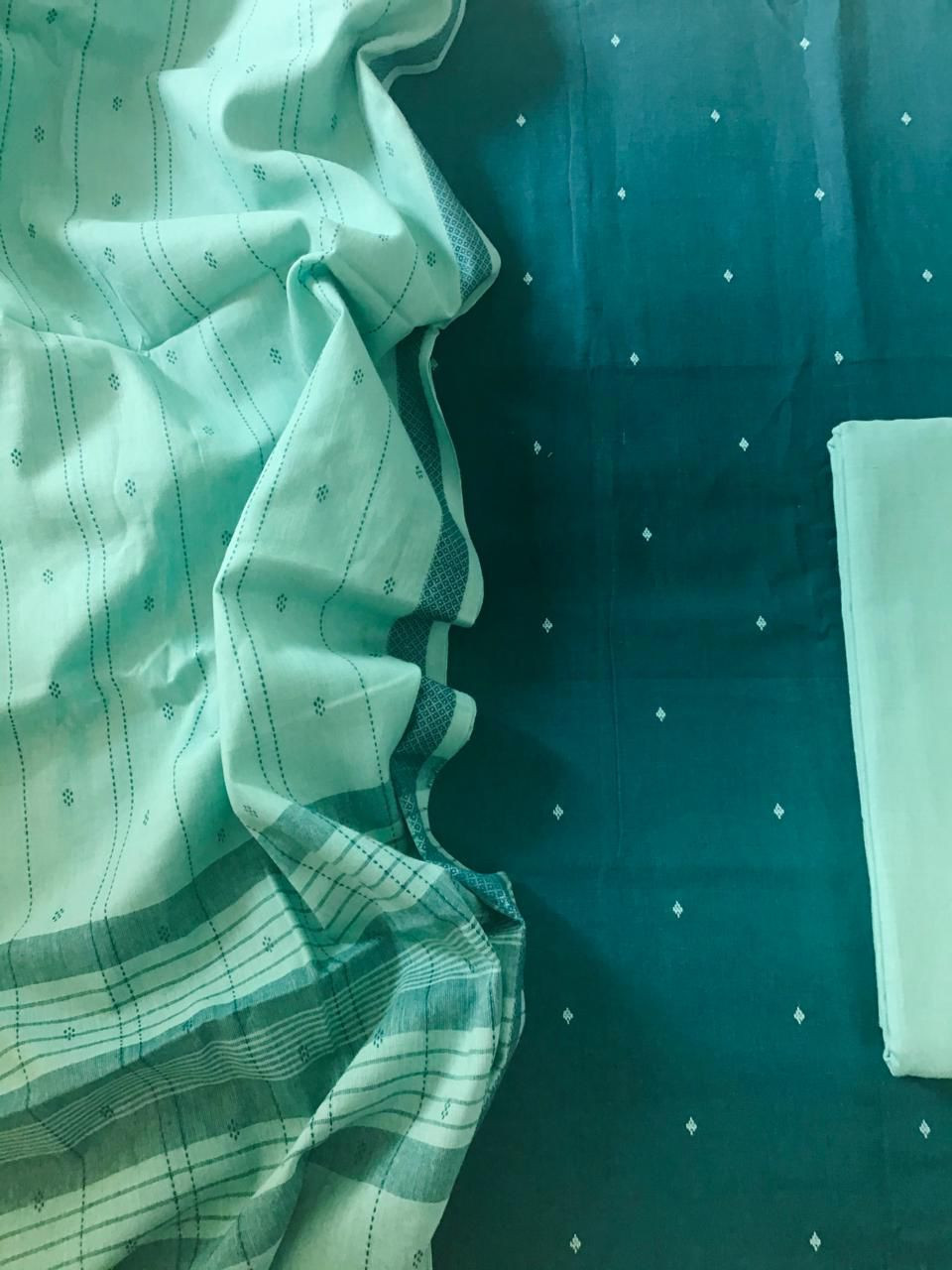Pure Handloom Cotton Self Weaved Suit - Green