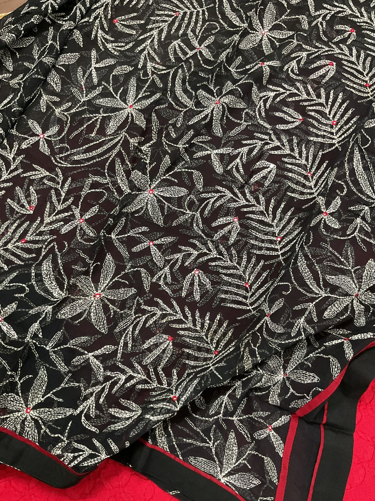 Pure Cotton Silk Appliqu Work Embroidered Suit - Red