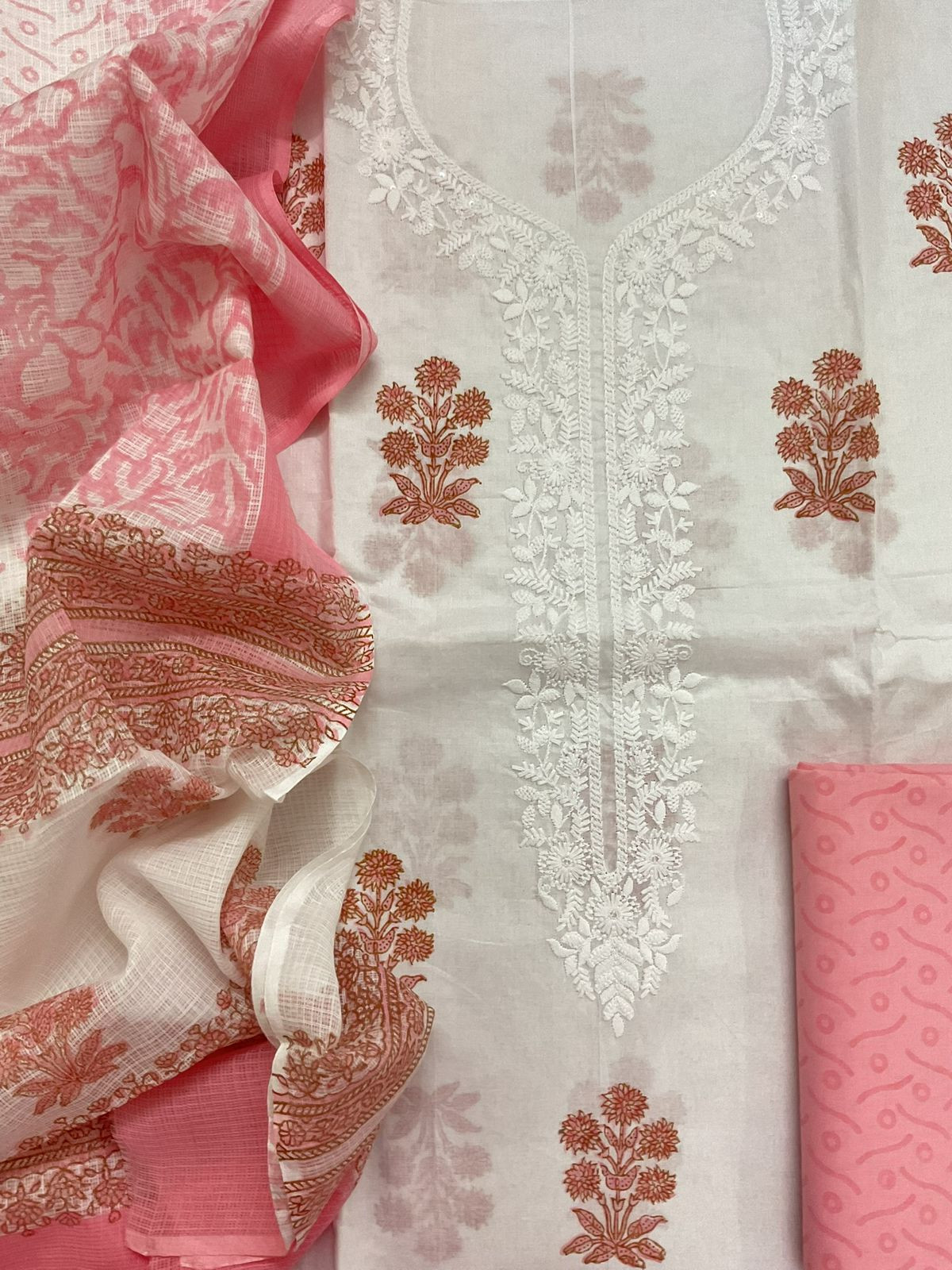 Pure Cotton Printed Embroidered Suit - White