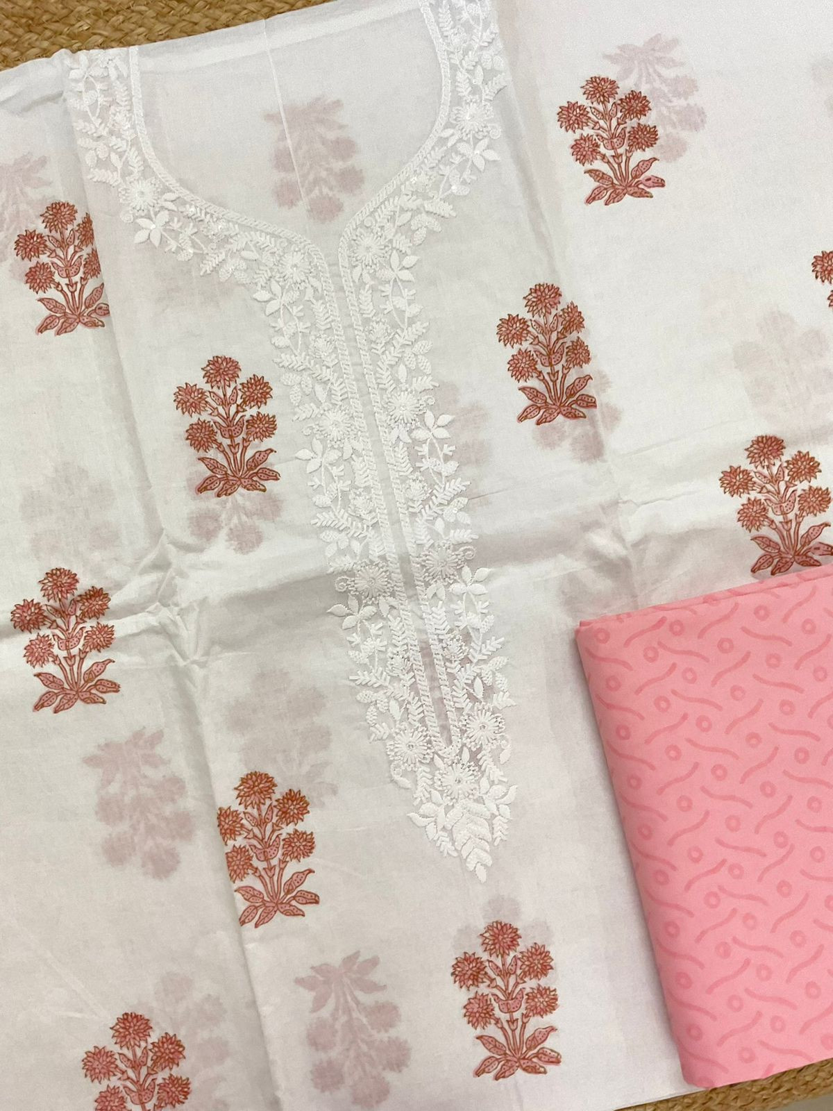 Pure Cotton Printed Embroidered Suit - White