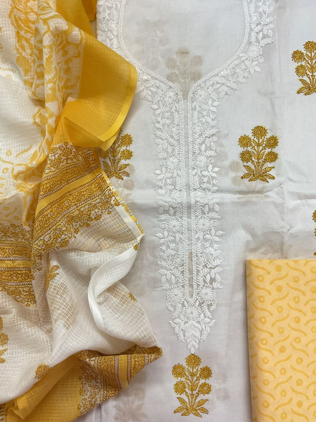 Pure Cotton Printed Embroidered Suit - White