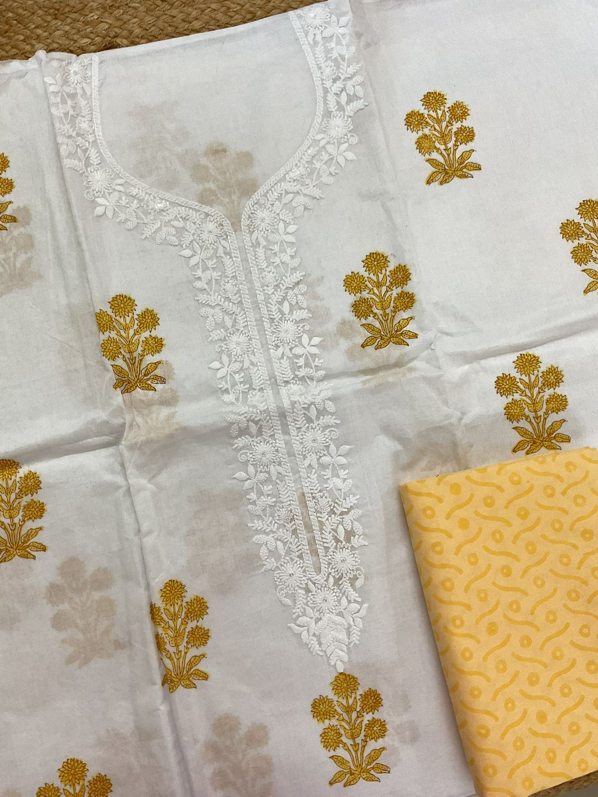 Pure Cotton Printed Embroidered Suit - White