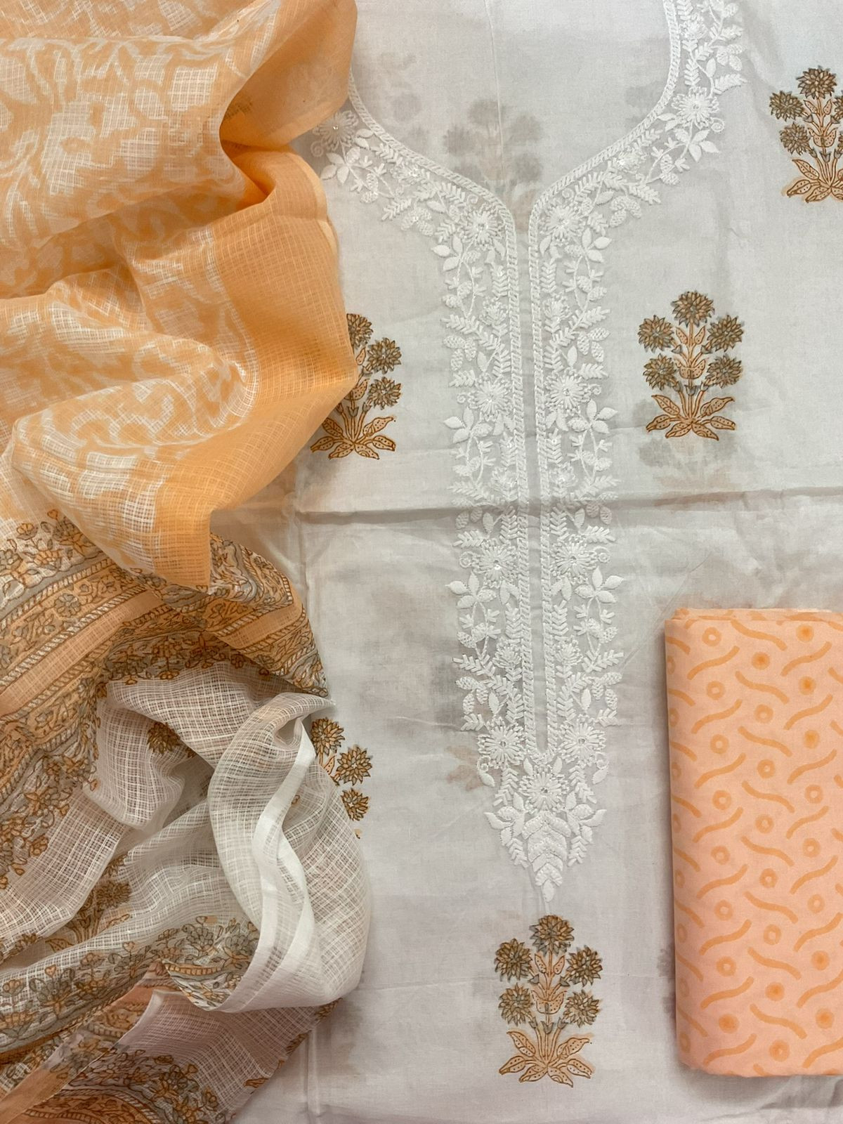 Pure Cotton Printed Embroidered Suit - White