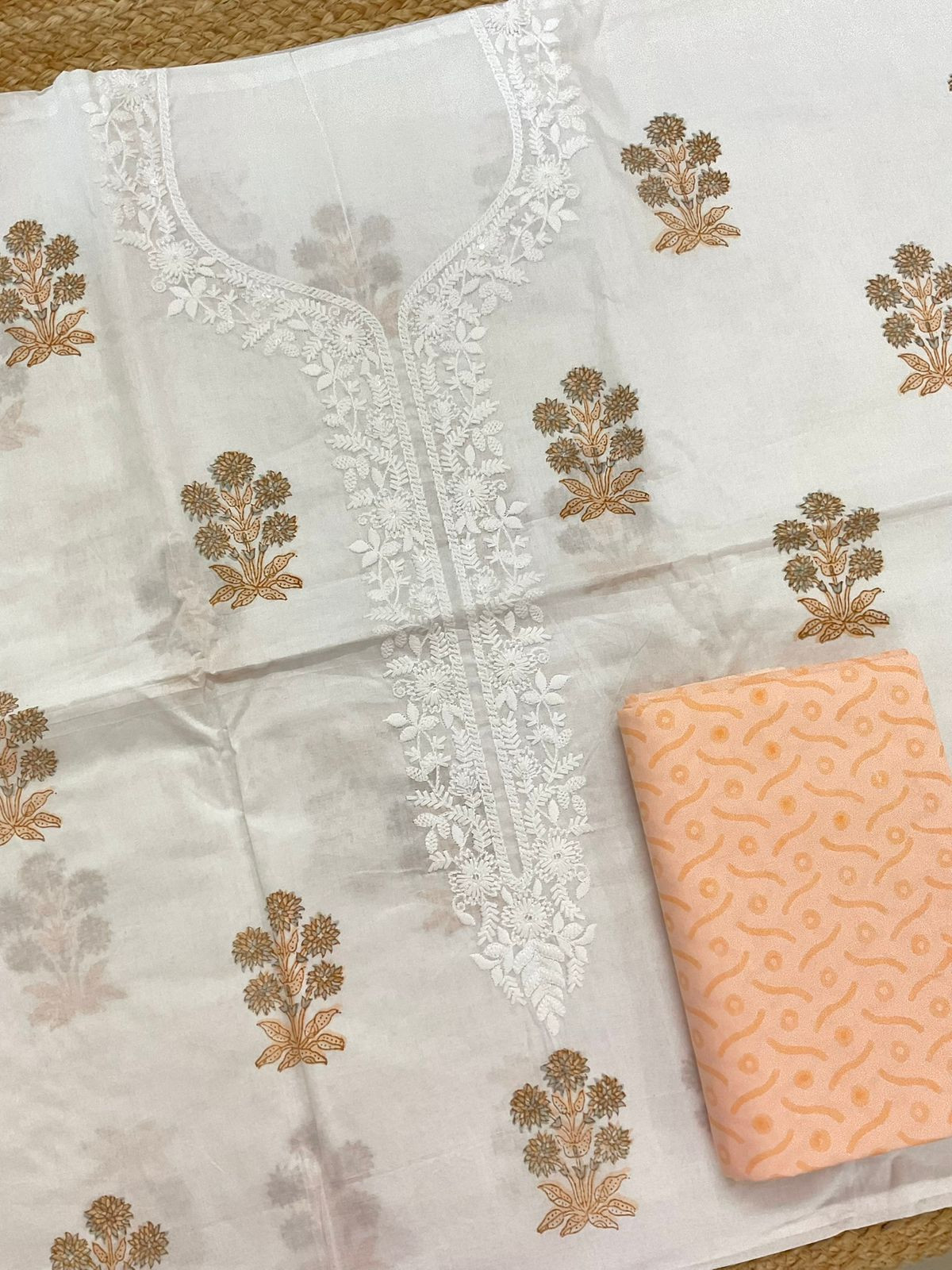 Pure Cotton Printed Embroidered Suit - White