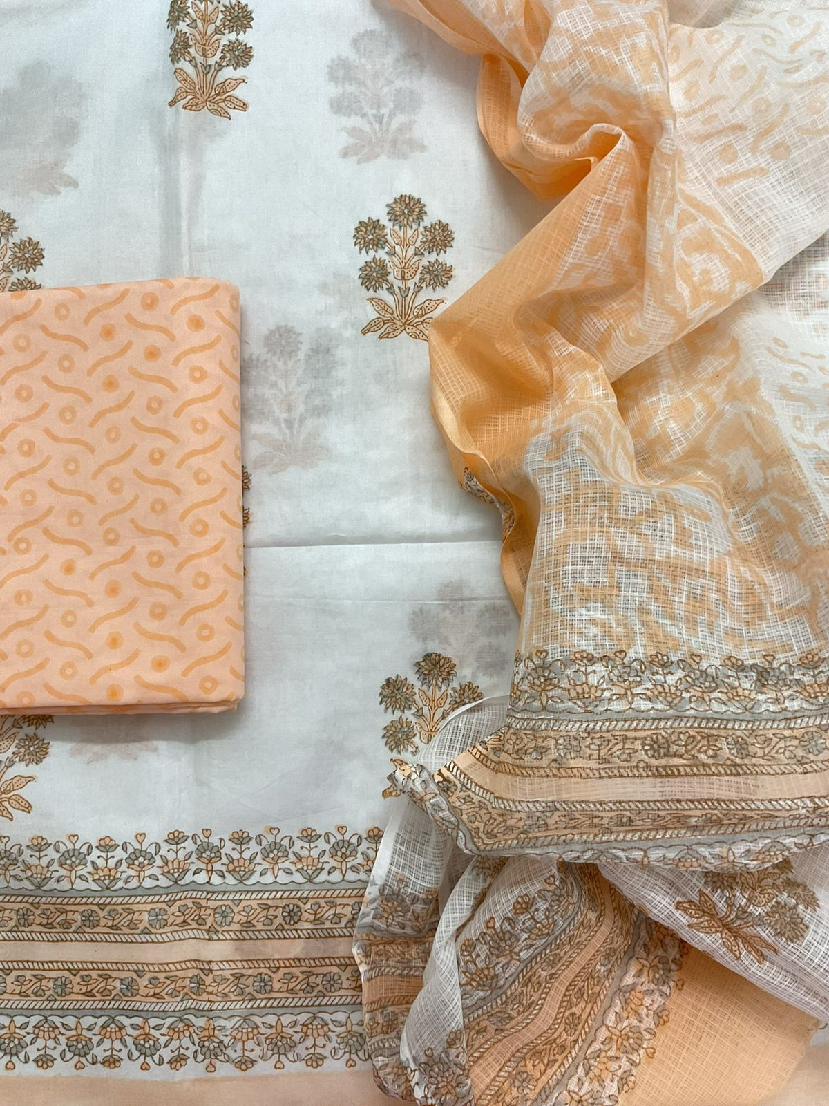 Pure Cotton Printed Embroidered Suit - White