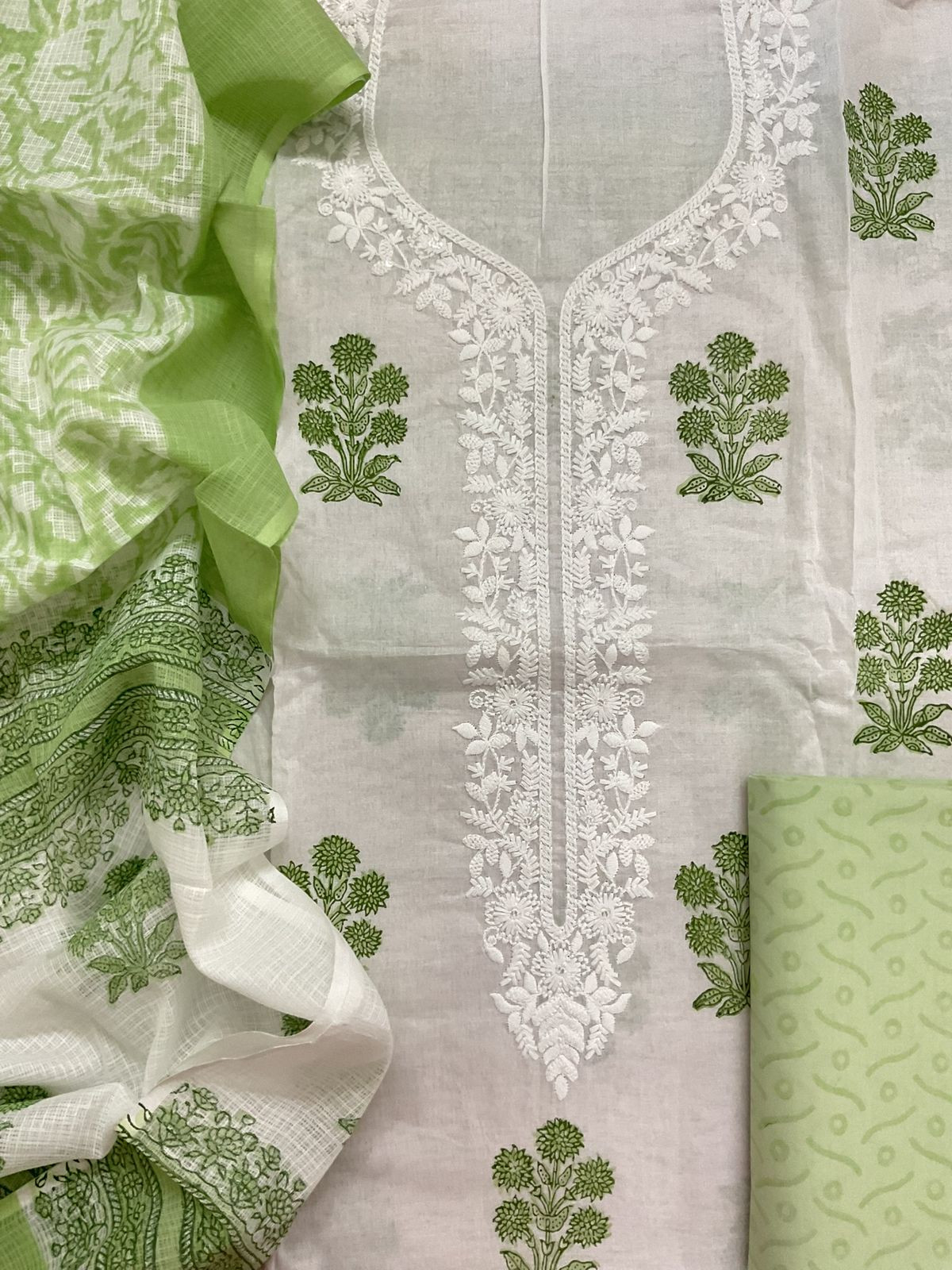 Pure Cotton Printed Embroidered Suit - White