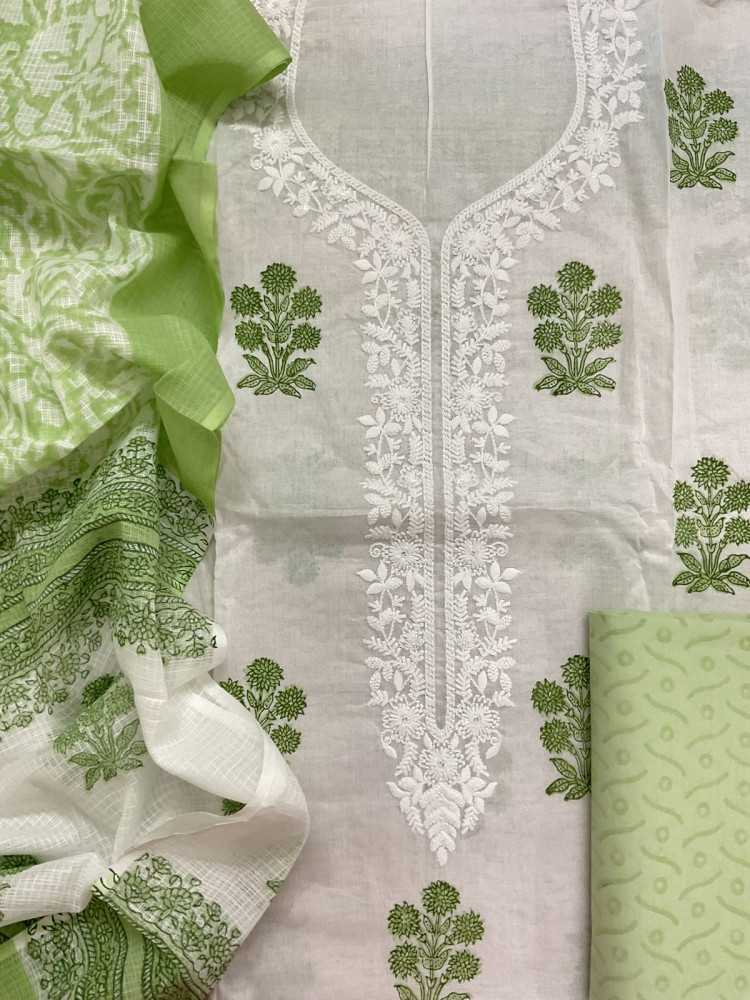 Image of Pure Cotton Printed Embroidered Suit - White